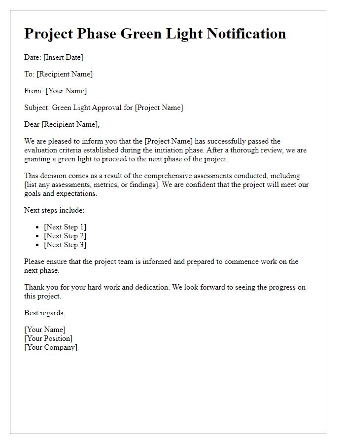 Letter template of Project Phase Green Light