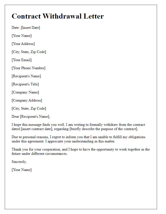 Letter template of contract withdrawal for personal reasons