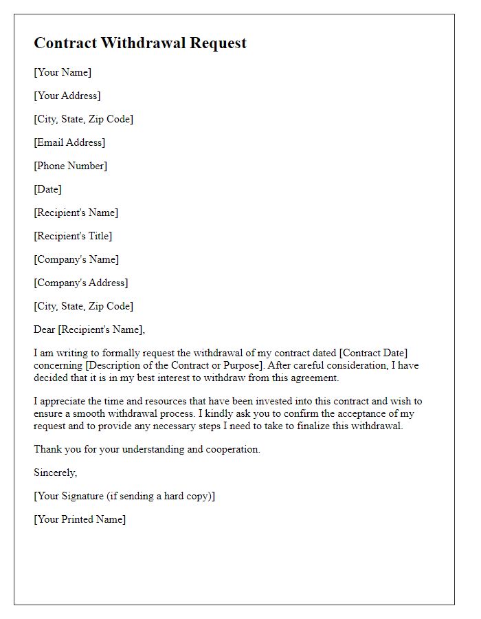 Letter template of formal contract withdrawal request