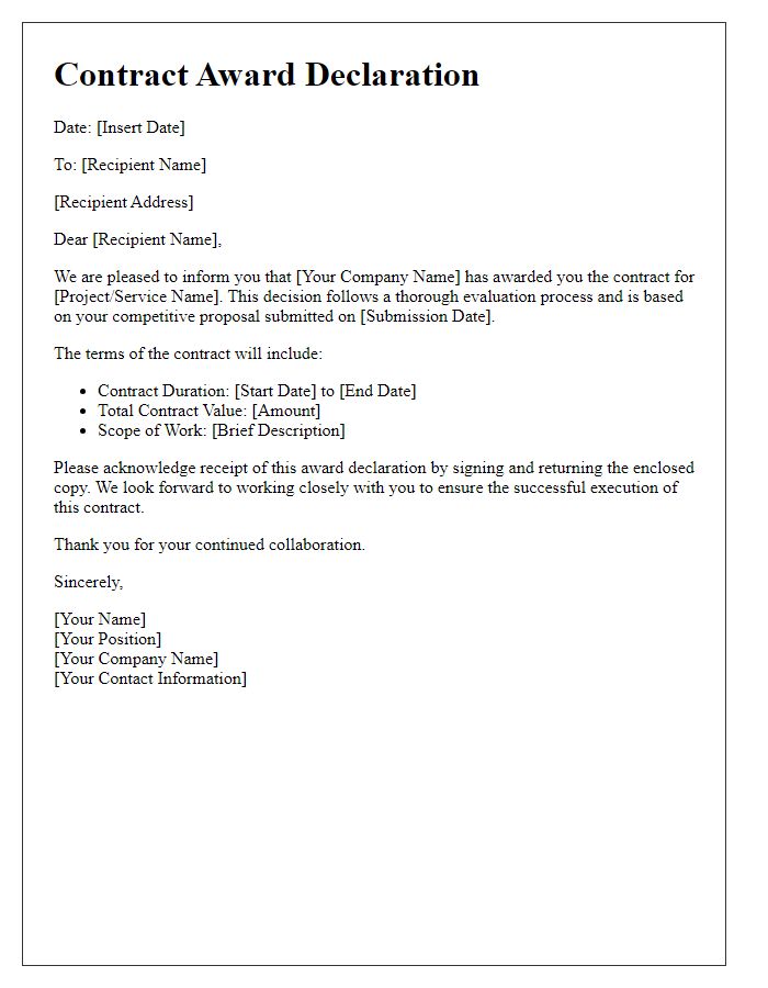 Letter template of contract award declaration