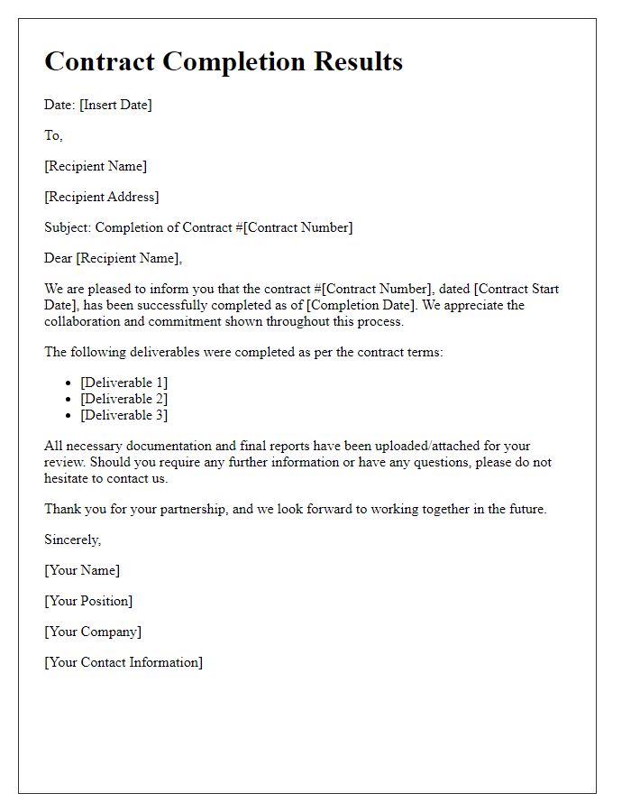 Letter template of contract completion results