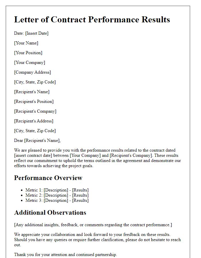 Letter template of contract performance results