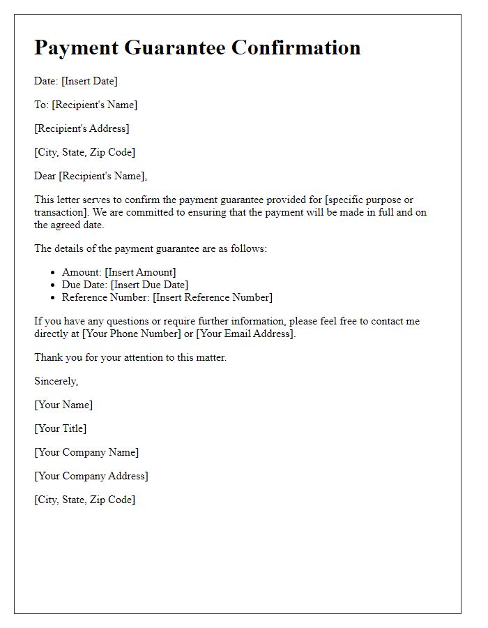 Letter template of payment guarantee confirmation.