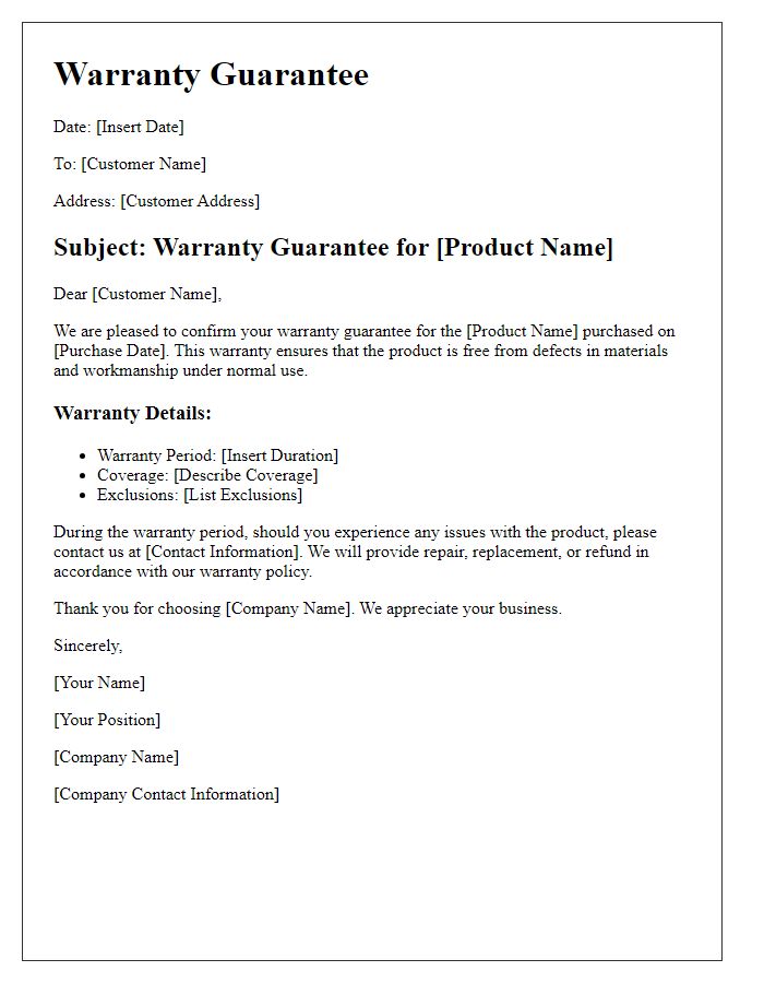 Letter template of warranty guarantee document.