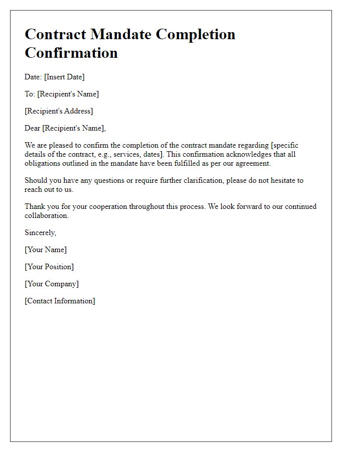 Letter template of contract mandate completion confirmation