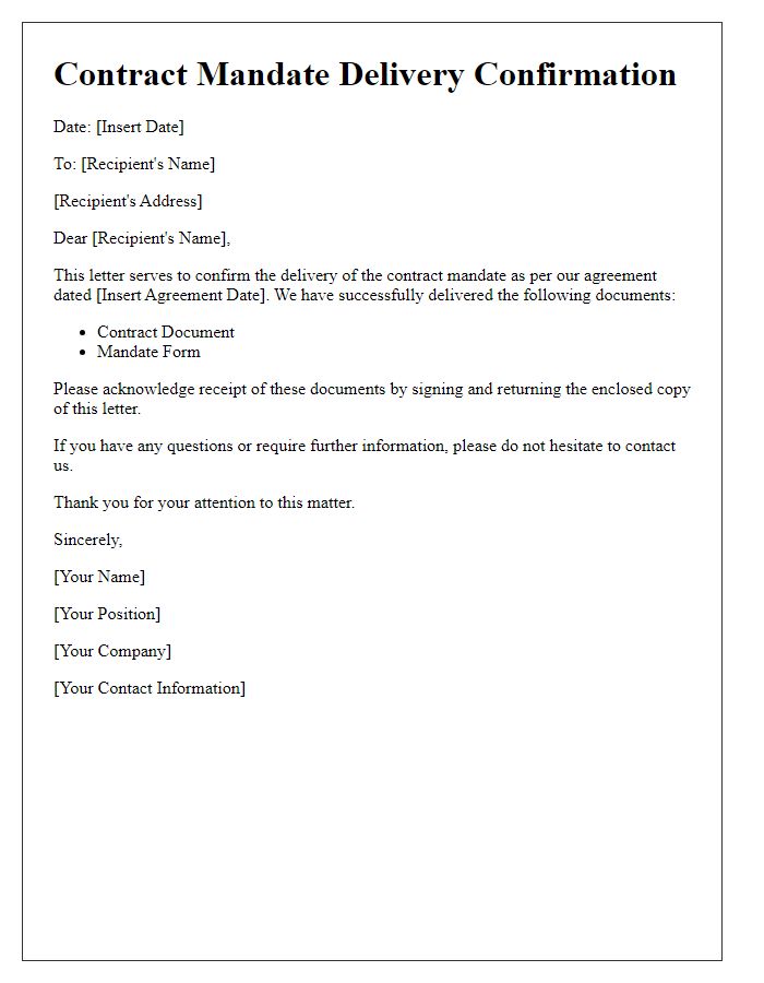 Letter template of contract mandate delivery confirmation
