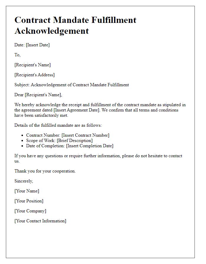 Letter template of contract mandate fulfillment acknowledgement