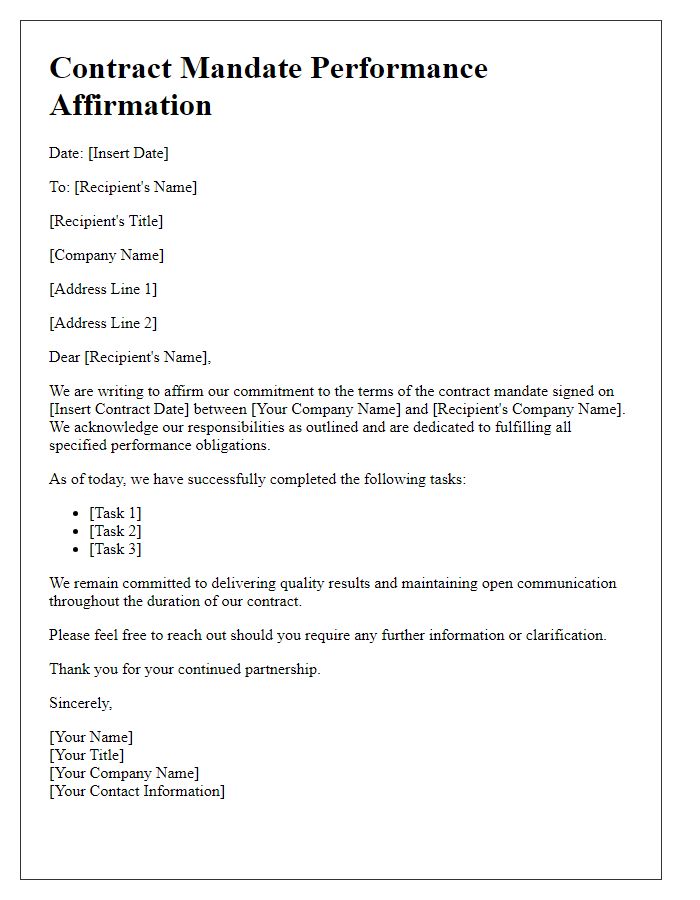 Letter template of contract mandate performance affirmation