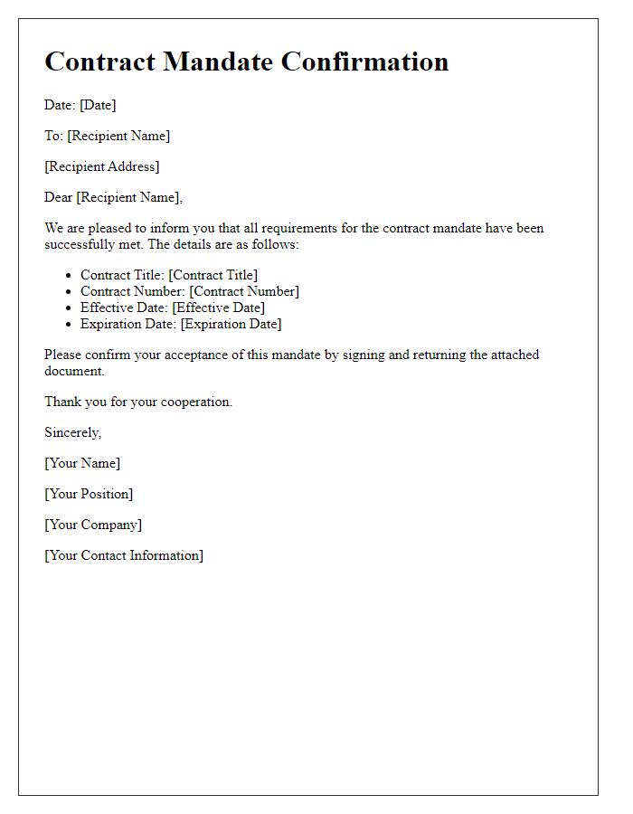 Letter template of contract mandate requirements met