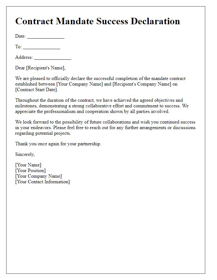 Letter template of contract mandate success declaration