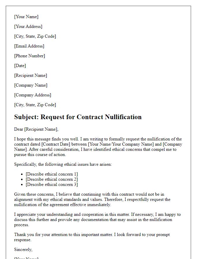 Letter template of contract nullification request for ethical concerns.