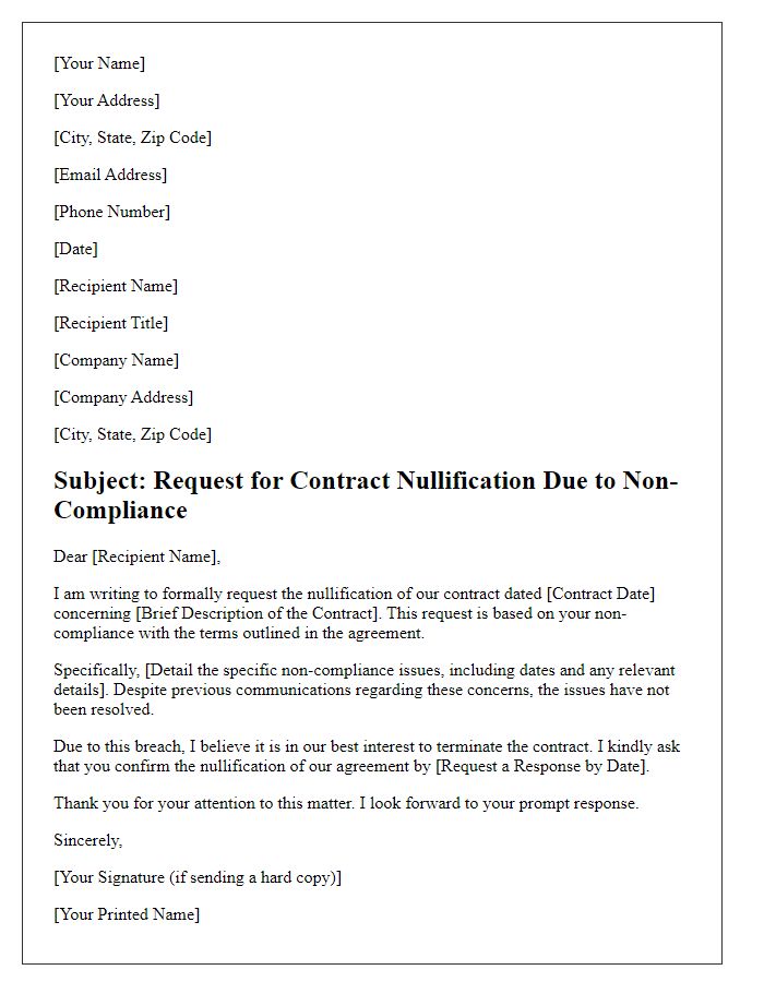 Letter template of contract nullification request for non-compliance.