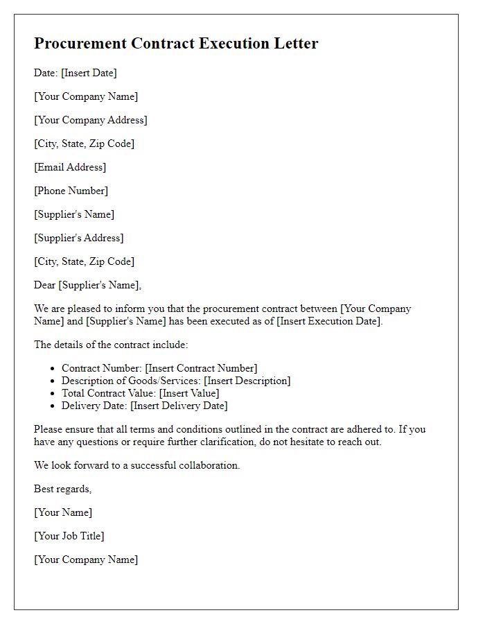 Letter template of procurement contract execution