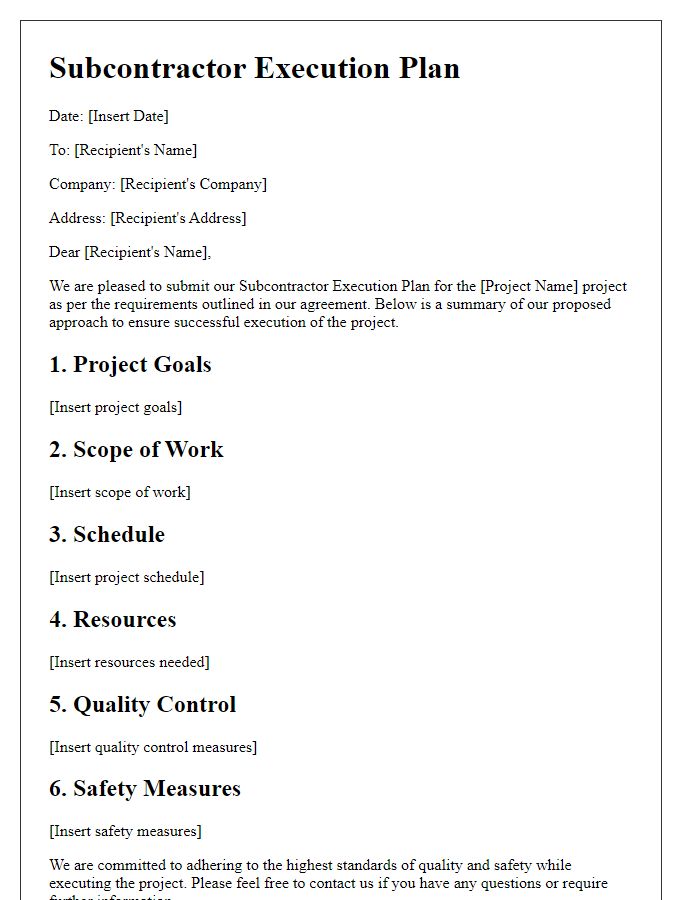 Letter template of subcontractor execution plan