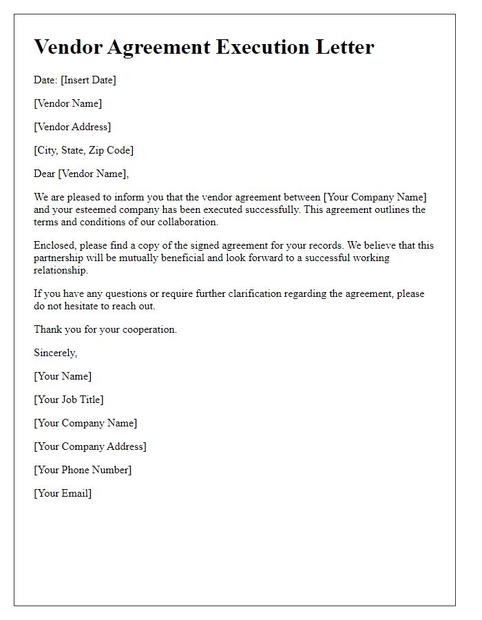 Letter template of vendor agreement execution
