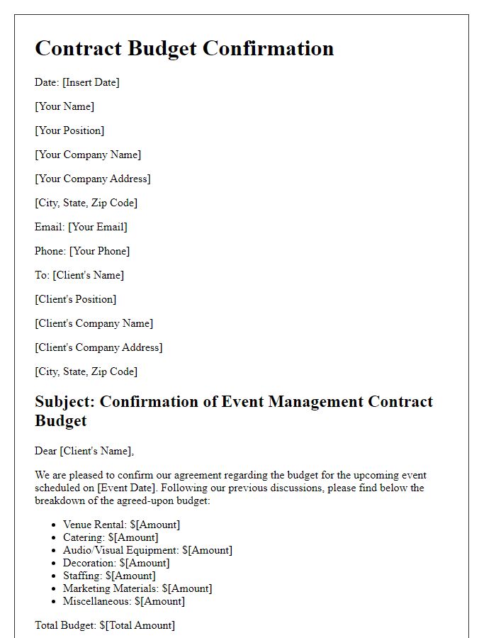 Letter template of contract budget confirmation for event management coordination.