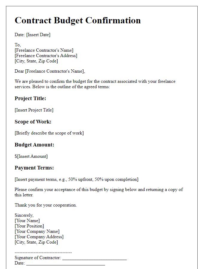 Letter template of contract budget confirmation for freelance contractor.