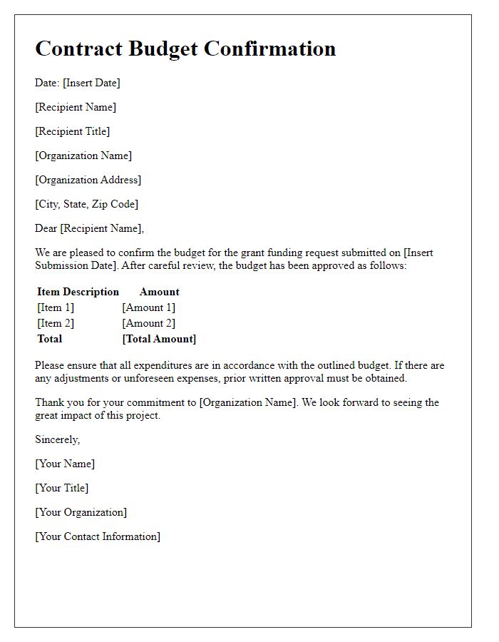 Letter template of contract budget confirmation for grant funding request.