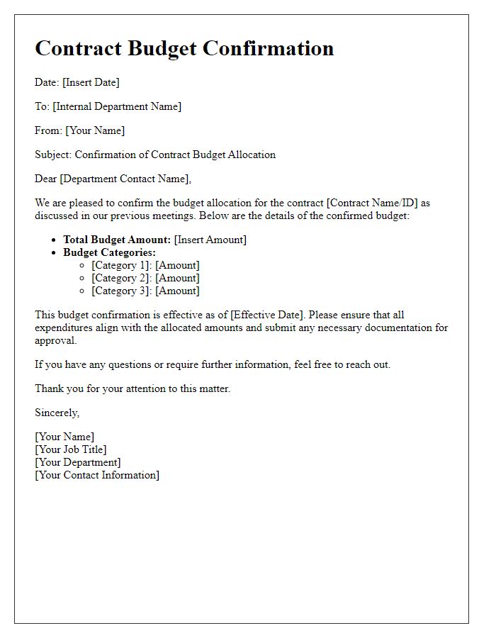 Letter template of contract budget confirmation for internal department allocation.