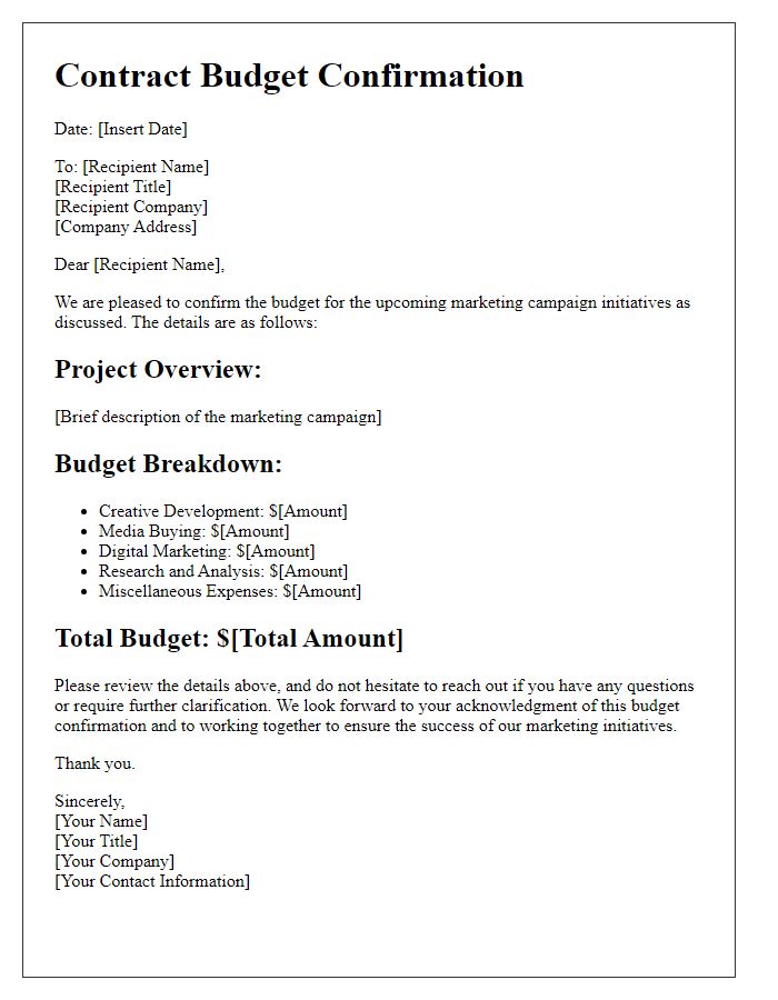 Letter template of contract budget confirmation for marketing campaign initiatives.