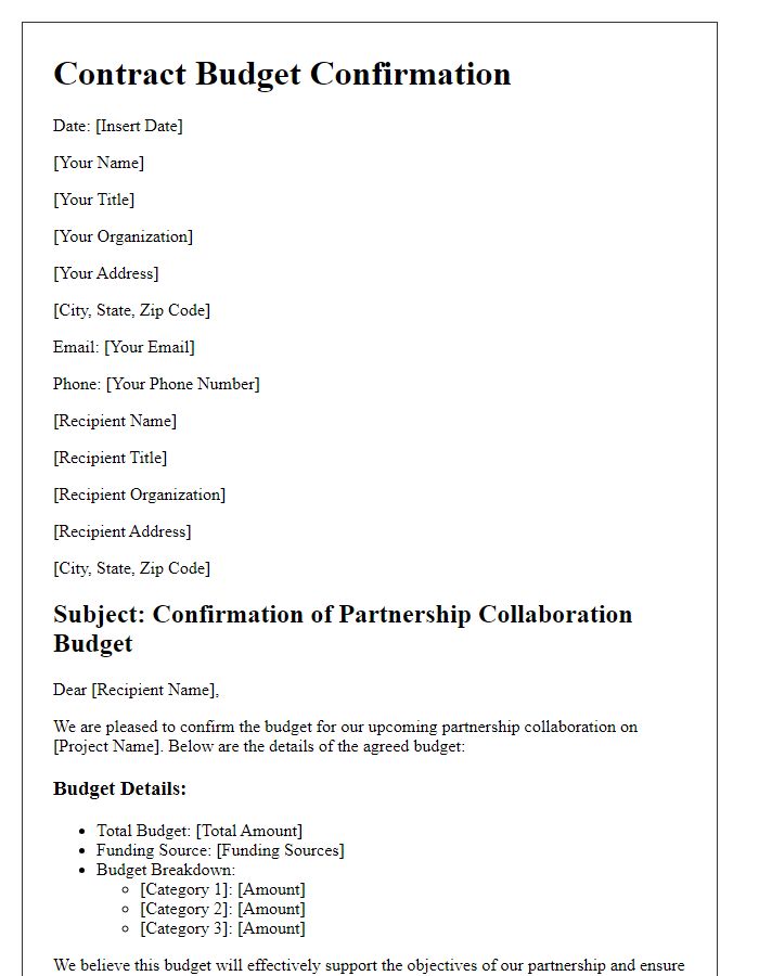 Letter template of contract budget confirmation for partnership collaboration.