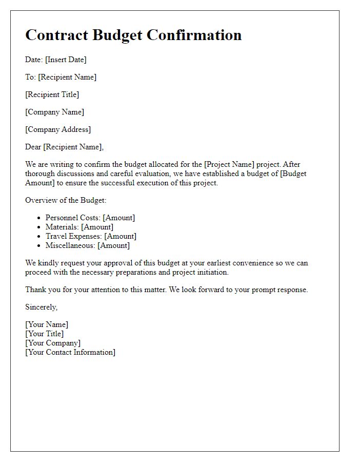 Letter template of contract budget confirmation for project approval.