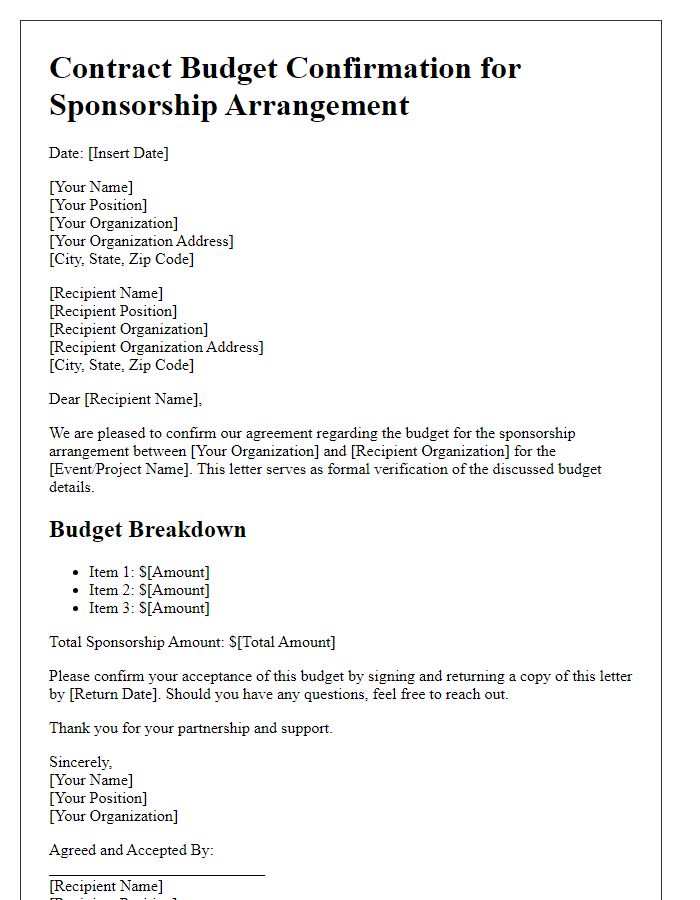 Letter template of contract budget confirmation for sponsorship arrangement.