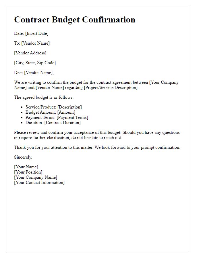 Letter template of contract budget confirmation for vendor agreement.