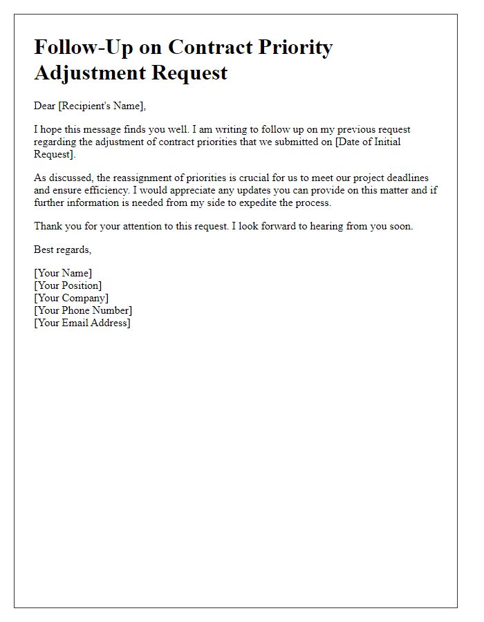 Letter template of follow-up on contract priority adjustment request