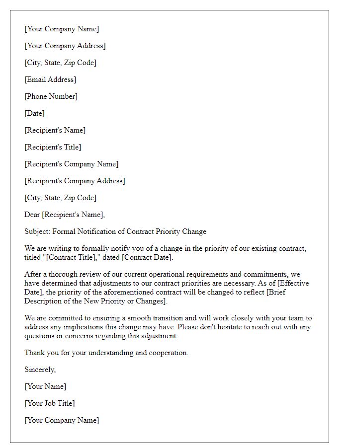 Letter template of formal notification for contract priority change
