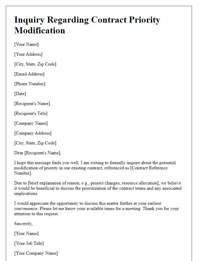 Letter template of inquiry regarding contract priority modification