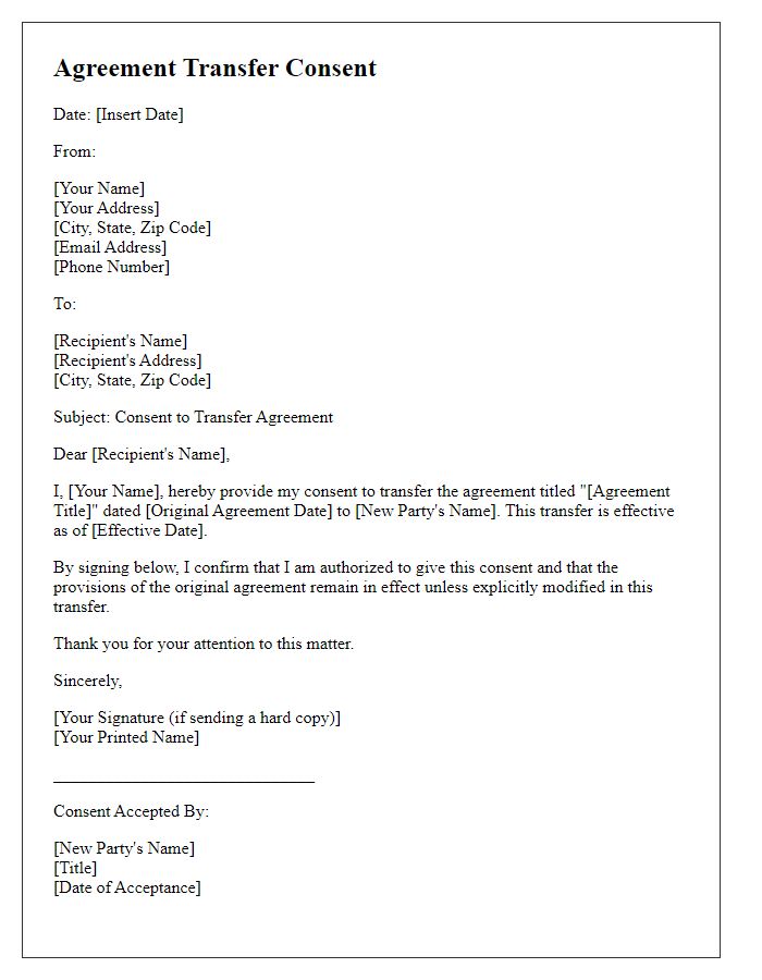 Letter template of Agreement Transfer Consent