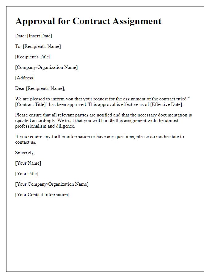 Letter template of Approval for Contract Assignment
