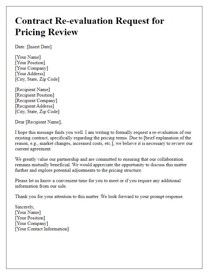 Letter template of contract re-evaluation request for pricing review