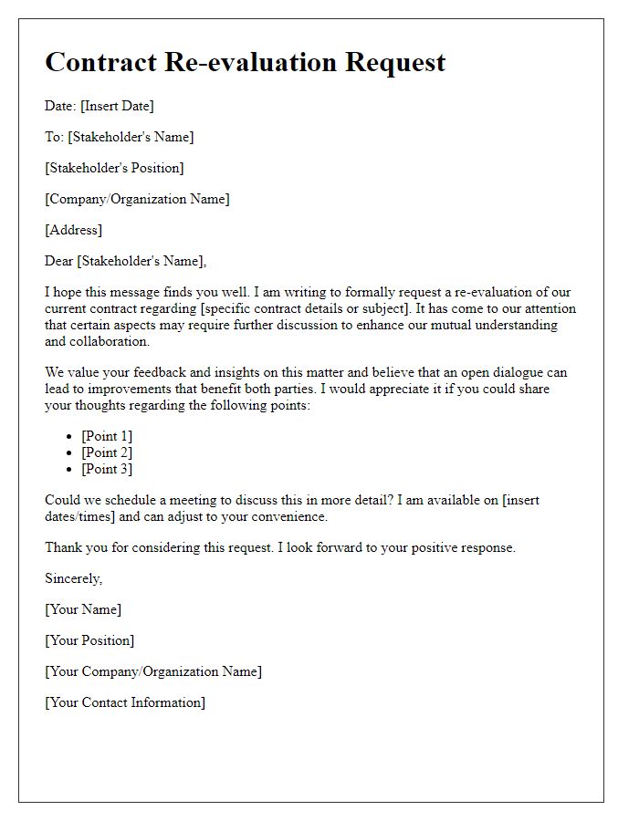 Letter template of contract re-evaluation request for stakeholder feedback