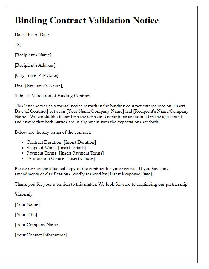 Letter template of binding contract validation notice