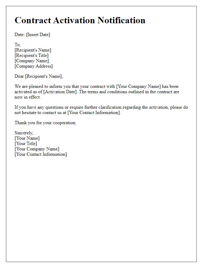 Letter template of contract activation notification