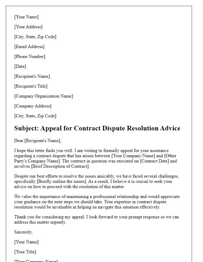 Letter template of appeal for contract dispute resolution advice