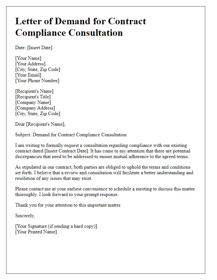 Letter template of demand for contract compliance consultation