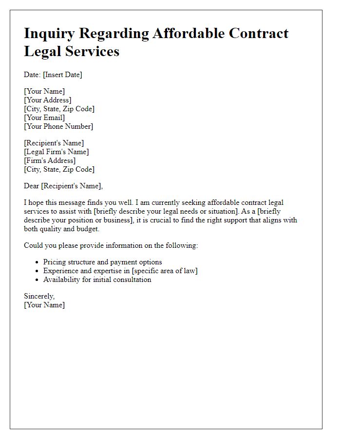 Letter template of inquiry regarding affordable contract legal services