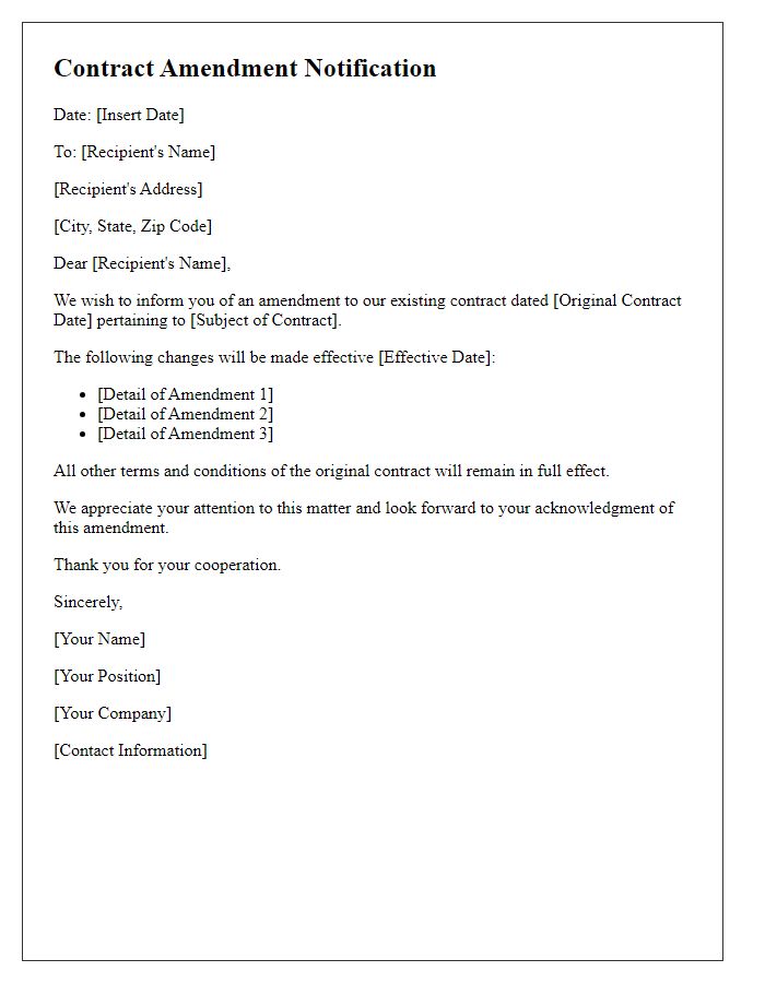 Letter template of contract amendment notification