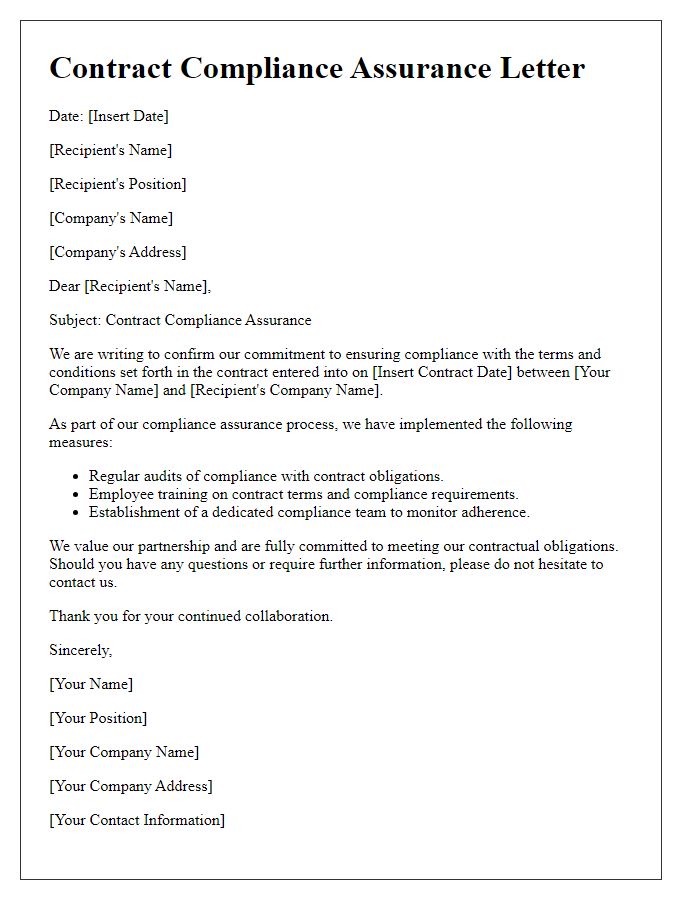 Letter template of contract compliance assurance