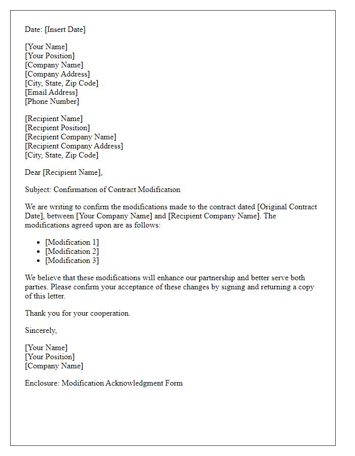 Letter template of contract modification confirmation