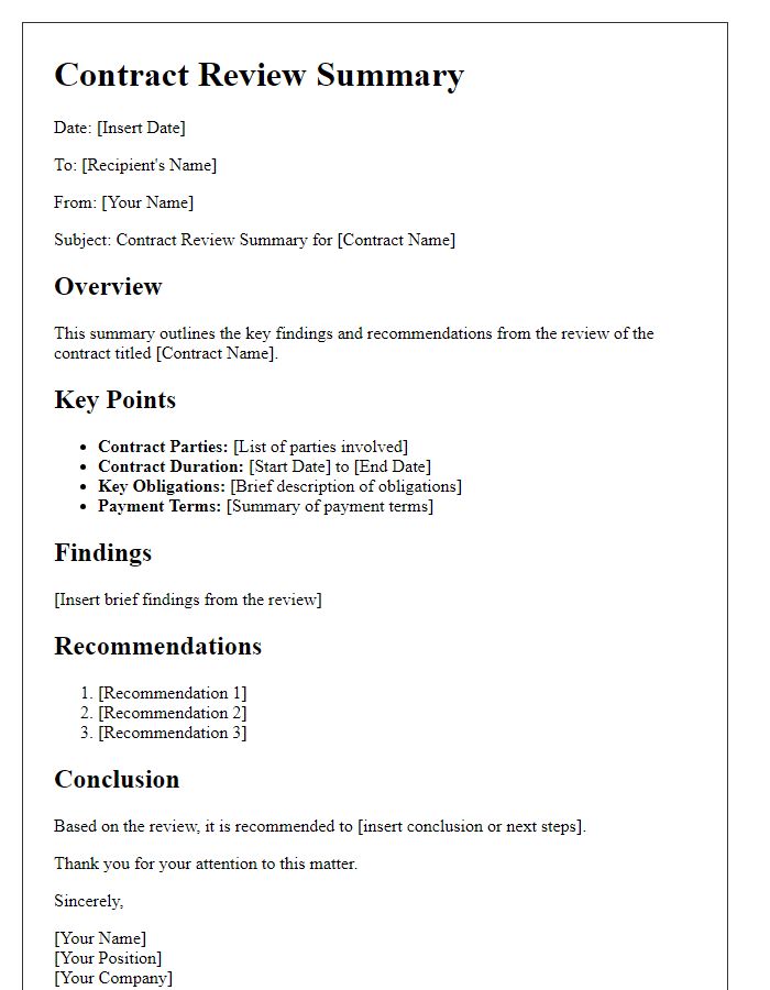 Letter template of contract review summary