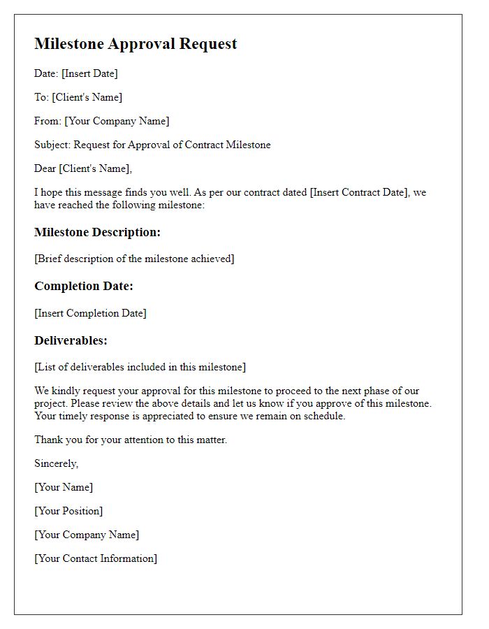 Letter template of contract milestone approval request for clients