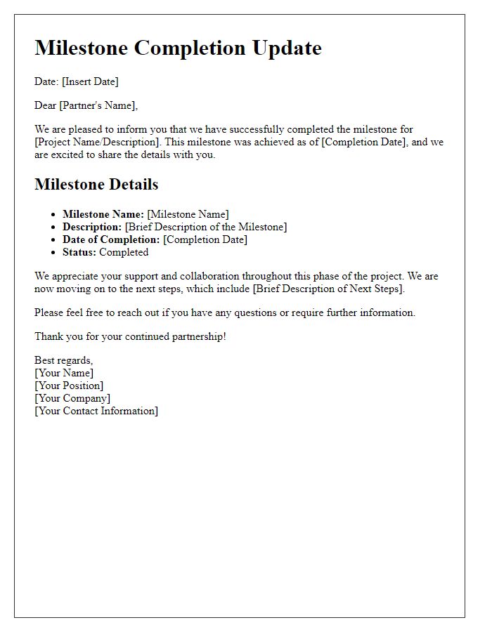 Letter template of contract milestone completion update for partners