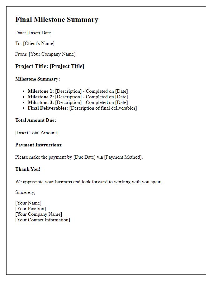 Letter template of final milestone summary for invoicing