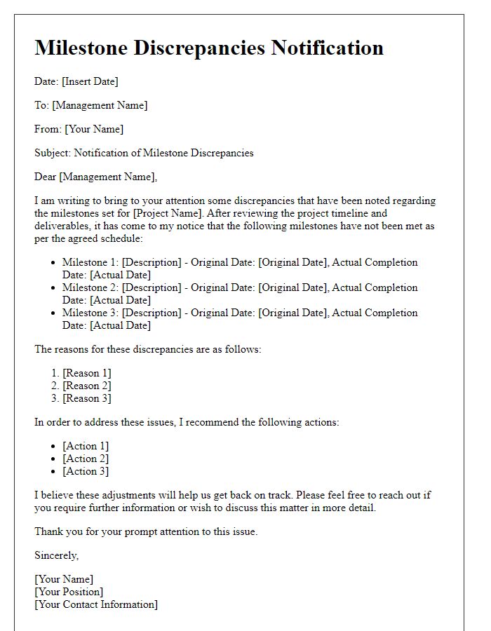 Letter template of milestone discrepancies notification for management