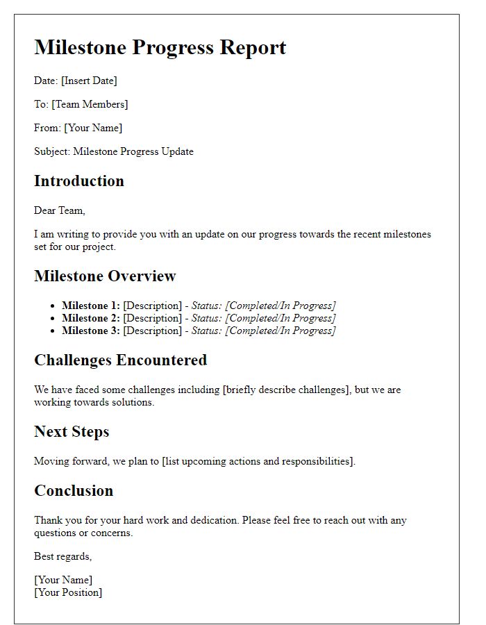 Letter template of milestone progress report for team members