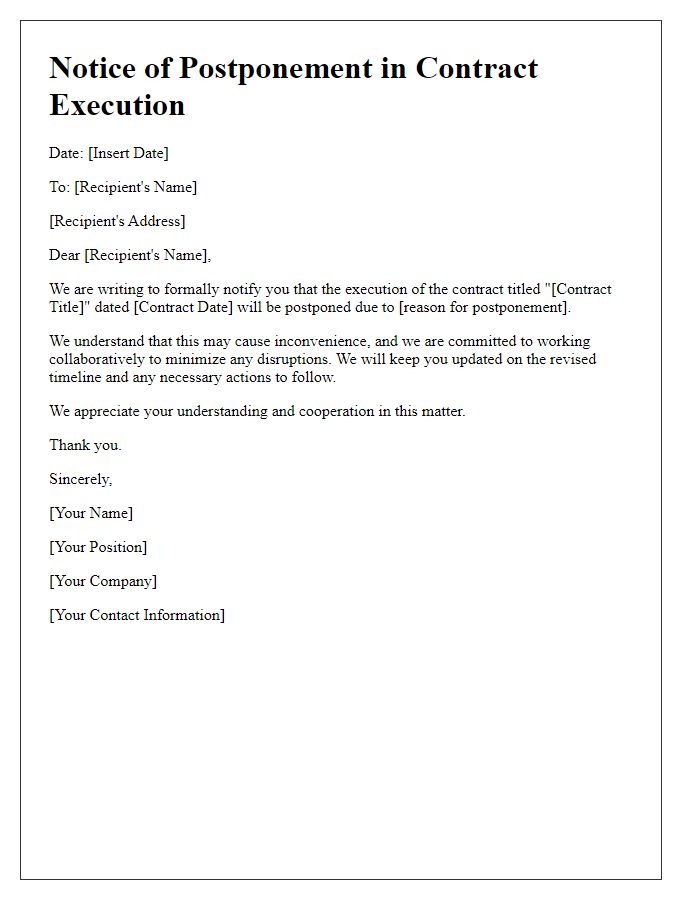 Letter template of alert for postponement in contract execution.